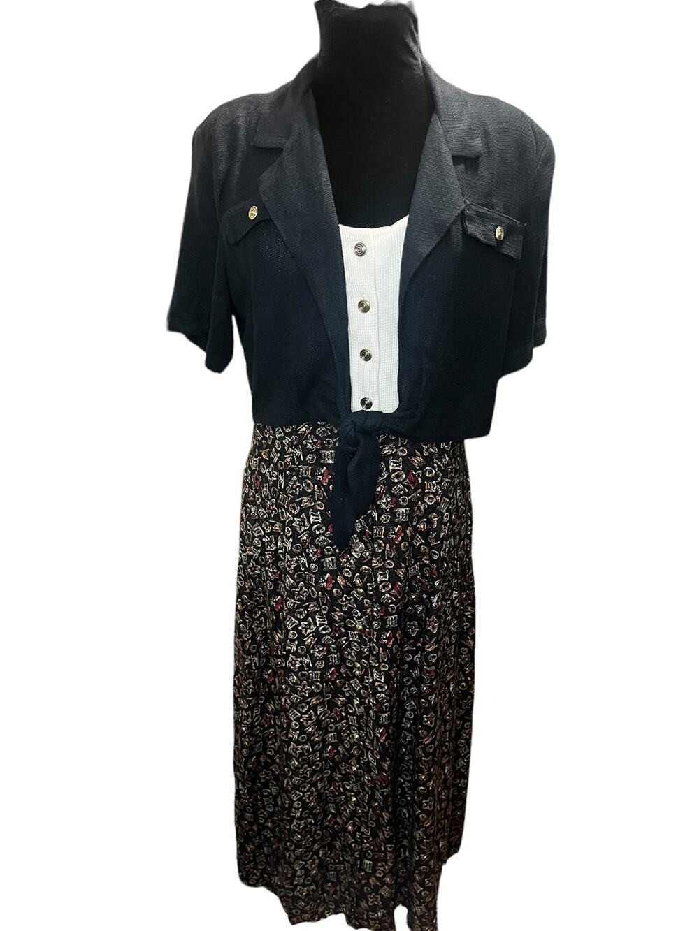 Vintage 90s Jaclyn Hart Black White Geometric  Boho Maxi Dress Shrug Medium L 12